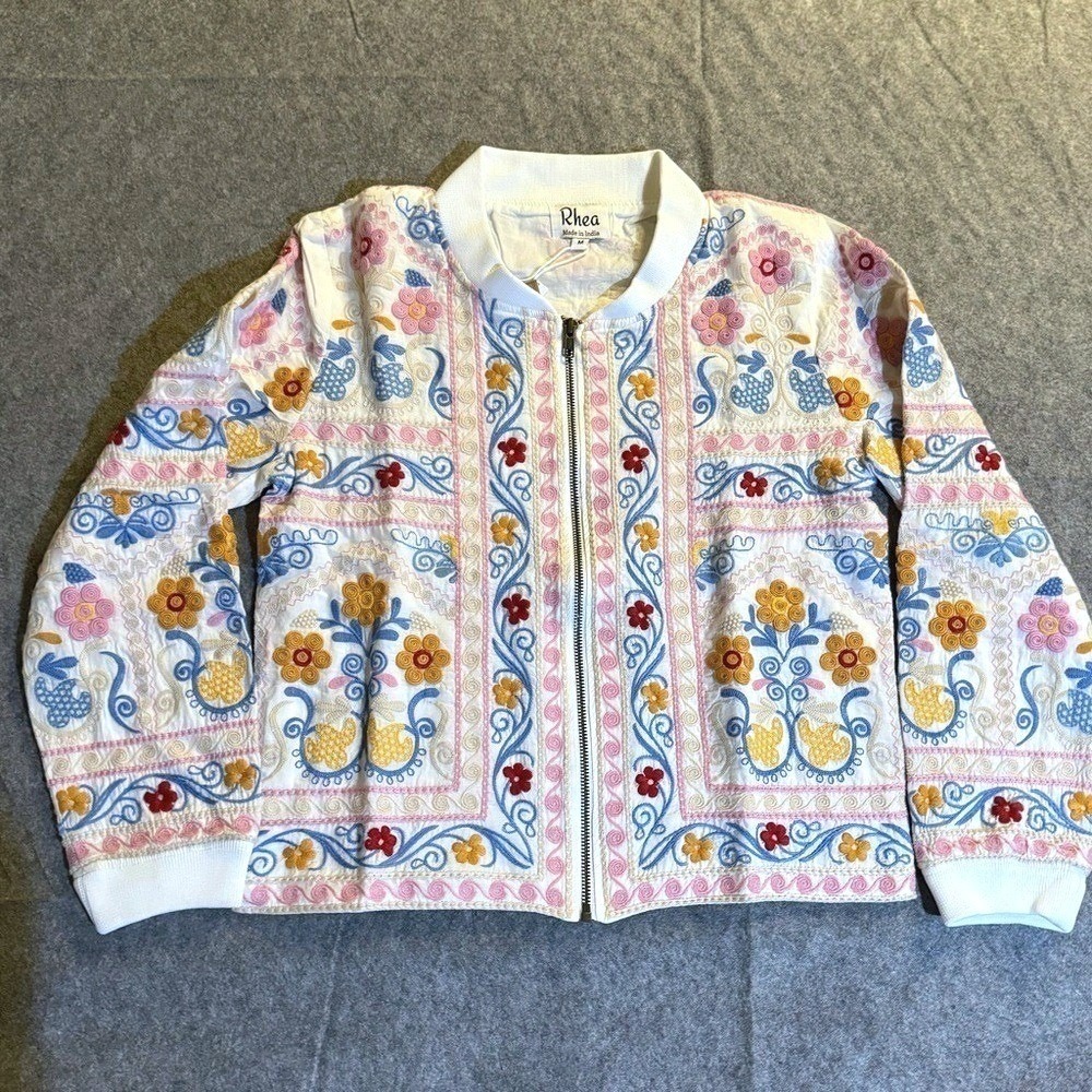 Rhea Area Stars Flower'd Soft Jacket White Embroidered Floral Bomber Medium NEW